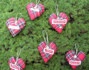 Our Handmade Christmas Heart Decorations made from Red Scottish Tartan Plaid Fabric  are Scented and come with Greetings  & Embellishments