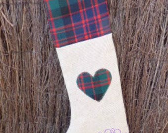 Christmas Stocking with Heart Applique. Handmade from Scottish Tartan & Hessian Burlap. A Traditional Rustic Festive Decoration