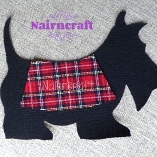 Scottie Dog Large Applique Patch in Black with Red Tartan Rug. It is Wool Fabric Cut Out Iron On or Sew On. Scottish Terriers