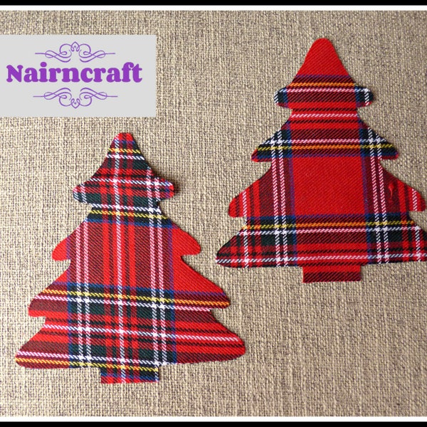Tartan Plaid Christmas Tree Applique Patch in Red Royal Stewart Cotton Flannel Fabric. Cut Out Iron On or Sew On Embellishment Decoration