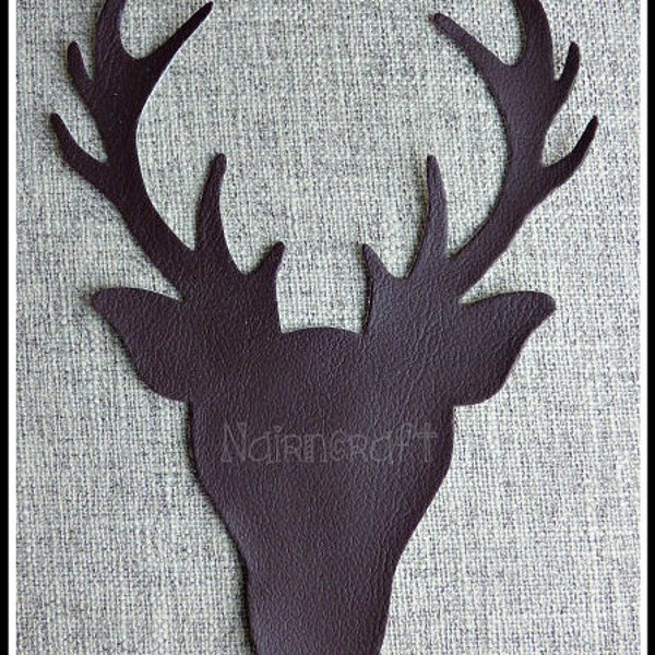 Applique patch tête de cerf tête de mâle simili cuir marron découpe fer ou couture embellissement motif embellissement