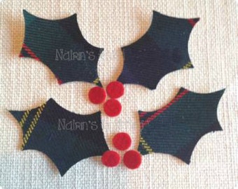 Holly Applique Patches in Scottish Tartan Fabric. Cut Out Iron On Sew On Decoration Embellishments