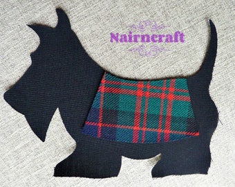 Scottie Dog Large Applique Patch in Black with a Green Navy Tartan Rug. It is Wool Fabric Cut Out Iron On or Sew On. Scottish Terriers