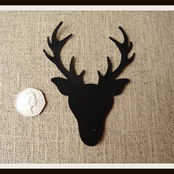 Deer Stag Buck Head Appliques Patch in Black Wool Fabric. Cut Out, Iron On or Sew On Use for Embellishment or Decoration