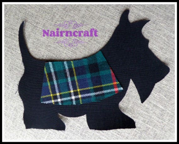 Extra Large Scottie Dog Applique Patch in Black with Emerald Tartan Rug made in Wool Fabric , Cut Out Iron On or Sew On. Scottish Terriers Il_570xn