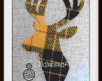 Applique Patch Stag Head Deer Head Buck's Head Yellow Harris Tweed Fabric. Cut Out Iron On Sew On Embellishment Decoration Motif