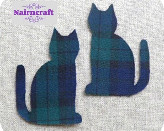 Cat Applique Patches made in Black Watch Tartan Plaid Woven Wool Fabric. Cut out Iron On or Sew On Cat Motif Decorations Embellishments