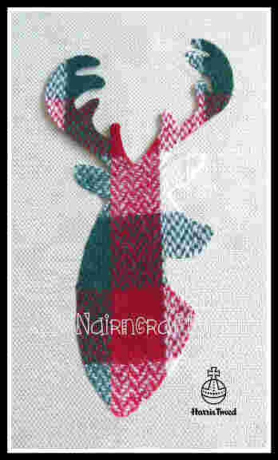 Applique Patch Stag Head Deer Head Buck's Head Christmas Green Check Harris Tweed Cut Out Iron On Sew On Decoration Embellishment Il_570xn