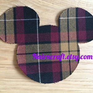 Musse Pigg Huvudmärke, Vinröd Tartan Buffelpläd Ull Applikation (Stryk-på/Sy-på)
