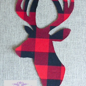 Buffalo Plaid Stag Head Appliqué: Red Cotton Fabric, Iron-On or Sew-On Embellishment