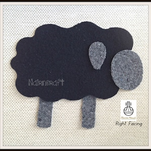 Op de afbeelding: Een zwarte vilt schaap uitsparing met een hoofd, oor en poten van gestructureerde grijze wol. Op het lichaam staat de tekst Nairncraft. Een Harris Tweed logo is zichtbaar in de rechterbenedenhoek met de tekst Right Facing eronder.