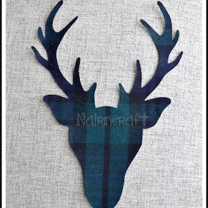 Stag Head, Deer Head, Buck Head  Applique Patch in Black Watch Scottish Tartan Fabric.is Cut Out Iron On or Sew On Embellishment,decoration