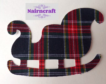 Santa's Sleigh Applique Patch in Navy Blue Tartan Cotton Fabric is Cut Out, Iron On or Sew On Use for  Embellishment or Decoration