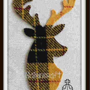 May include: A stag head silhouette applique crafted from yellow and black plaid Harris Tweed fabric. The design features a textured light grey background, the text Nairncraft, and the official Harris Tweed orb logo printed in the lower right corner.