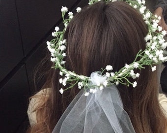 Bachelorette Bridal Baby's breathe flower headband with veil