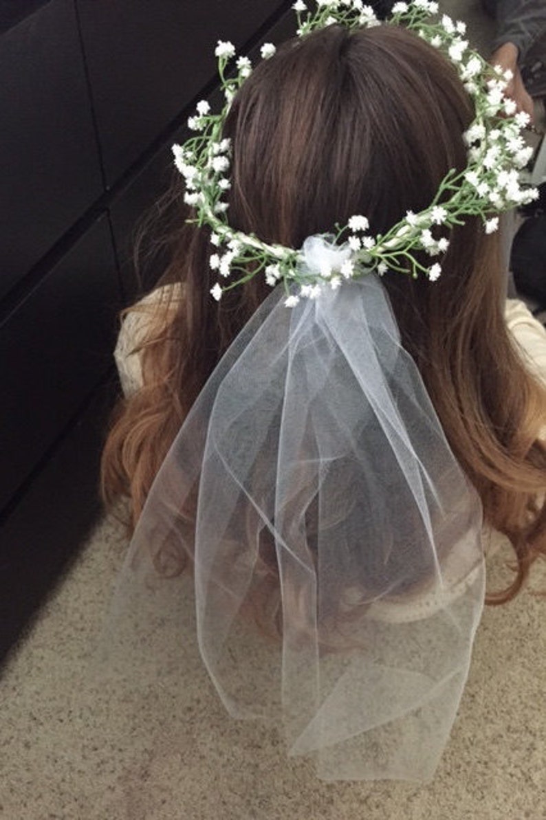 Bachelorette Bridal Baby's breathe flower headband with veil image 1