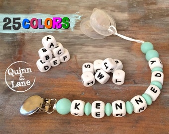 Custom PERSONALIZED Pacifier Clip - Silicone Teething Bite Beads Universal Soother Clip - Teether Chew Toy Beads - Shabby Chic