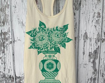 Women's PSYCHIC GARDENS Sacred Geometry Psychedelic Chrysanthemums Screen Printed Racerback Tank Top