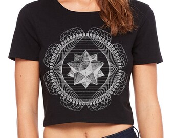 Women's TETRAHEDRON Sacred Geometry CROP Tee Tattoo Style Platonic Solid I Ching Psychedelic Belly Shirt