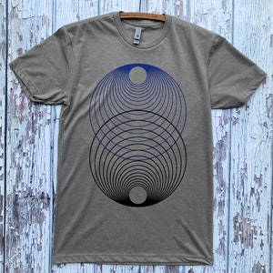 Unisex HARMONY of the SPHERES Geometric Two Color Screen Printed Shirt MINIMAL Psychedelic Cosmic Tee Stone/Black/Navy