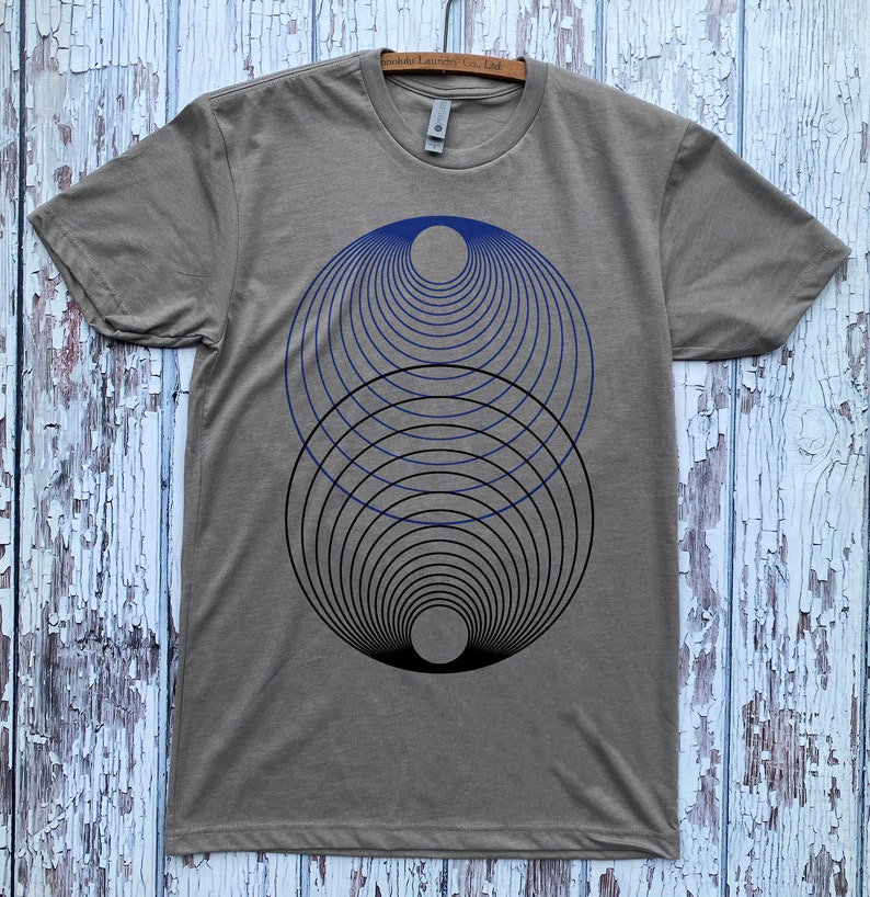 Unisex HARMONY of the SPHERES Geometric Two Color Screen Printed Shirt MINIMAL Psychedelic Cosmic Tee Stone/Black/Navy