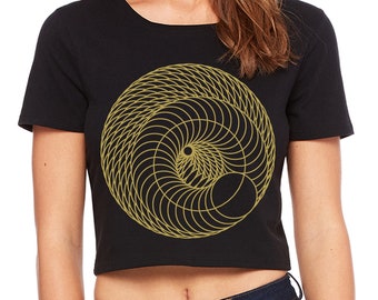 Women's INFINITE SPIRAL Sacred Geometry CROP Tee Psychedelic Portal Sexy Belly Shirt