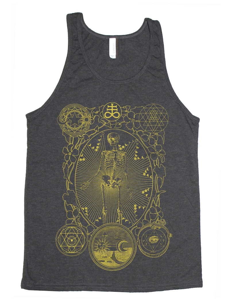 Men's ALCHEMIST Mystical Psychedelic Sleeveless Shirt Golden Ratio Sacred Geometry Tank Top Grey Tank / Yellow