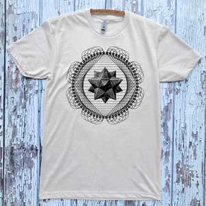 Unisex TETRAHEDRON Geometric Shirt Stellated Woodcut Sacred Geometry Platonic Solid Tattoo Style Tee