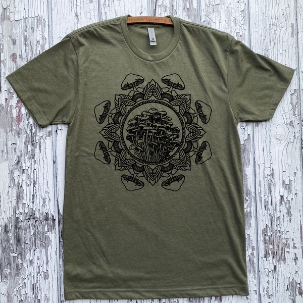 Unisex MUSHROOM MANDALA Shirt Psychedelic Tattoo Style Sacred Geometry Shrooms Tee