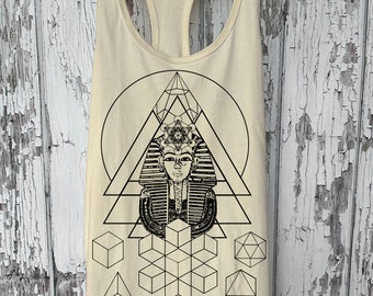 Women's PHARAOH'S DREAM Tank Top Egyptian Sacred Geometry Screen Printed Shirt Platonic Solids