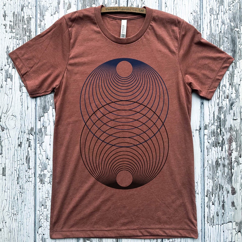 Unisex HARMONY of the SPHERES Geometric Two Color Screen Printed Shirt MINIMAL Psychedelic Cosmic Tee Rust Tee/Multi