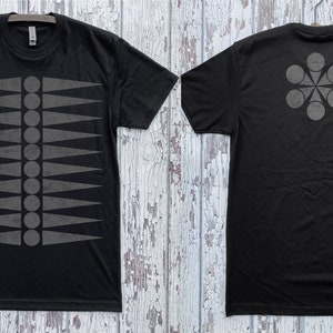MINIMAL Unisex T-Shirt Unlimited Symmetry Collaboration Series BARBED and the 6 MOONS Block Print Style Front and Back Designs Shirt