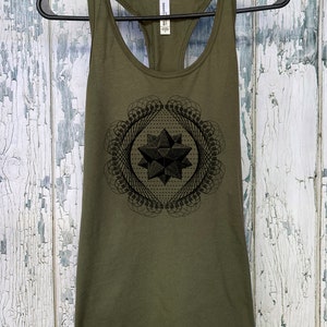 Women&#39;s Tetrahedron Hexagram Tank Top Merkaba Sacred Geometry Woodcut Tattoo Style Shirt