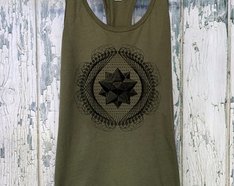 Women's Tetrahedron Hexagram Tank Top Merkaba Sacred Geometry Woodcut Tattoo Style Shirt