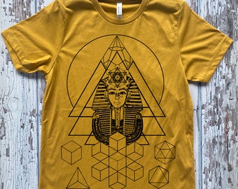 Unisex Tee PHARAOH'S DREAM Sacred Geometry Egyptian Metatron's Cube King Tut Ancient Wisdom Platonic Solids Screen Printed Shirt