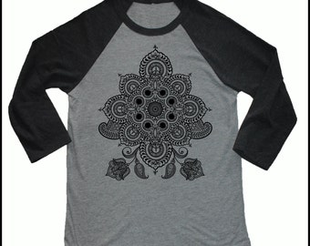 Unisex REVEALS Psychedelic Mandala 3/4 Length Sleeve Baseball Tee Sacred Geometry Dotwork Tattoo Style T-Shirt