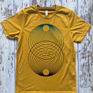 Unisex HARMONY of the SPHERES Geometric Two Color Screen Printed Shirt MINIMAL Psychedelic Cosmic Tee Mustard/Black/Navy