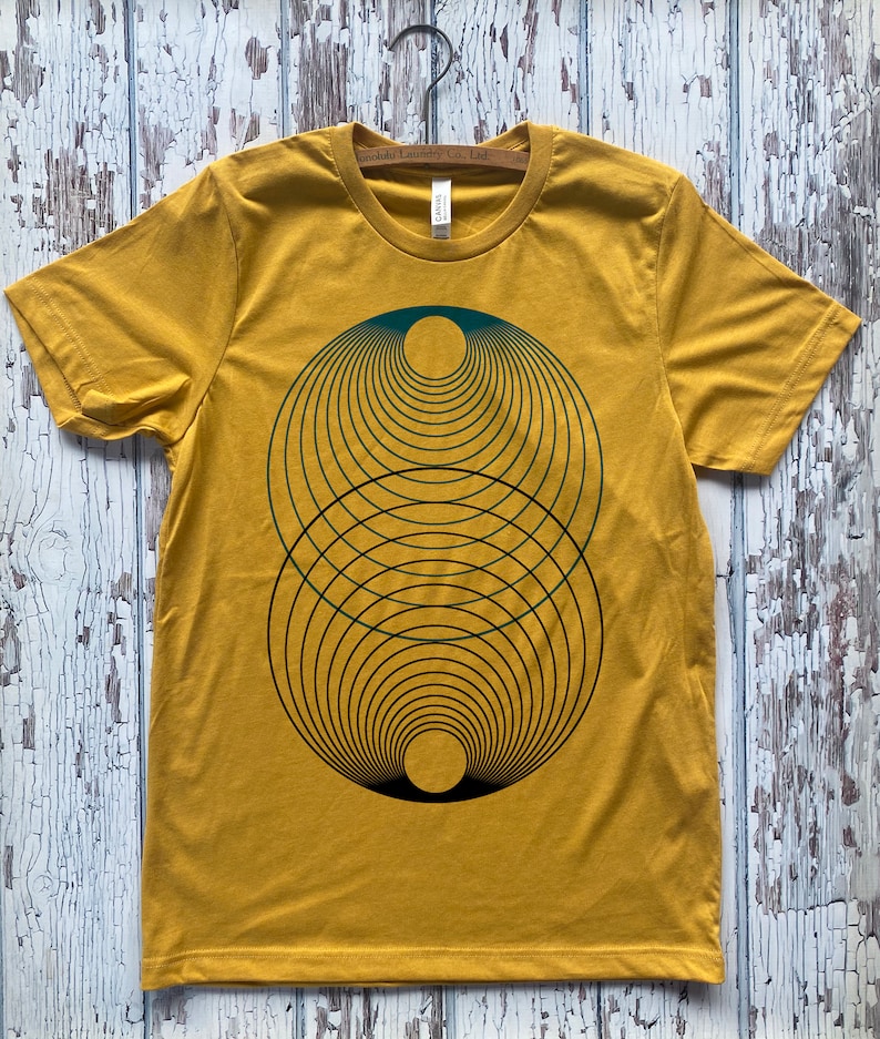 Unisex HARMONY of the SPHERES Geometric Two Color Screen Printed Shirt MINIMAL Psychedelic Cosmic Tee Mustard/Black/Navy