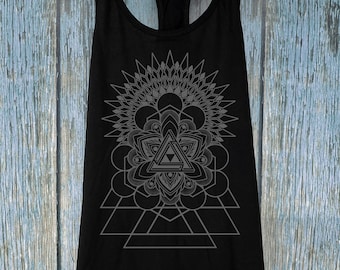 Women's Psychedelic TRIFORCE Screen Printed Tank Top colaboration Design with Sacred Geometry Tattoo Artist Corey Divine