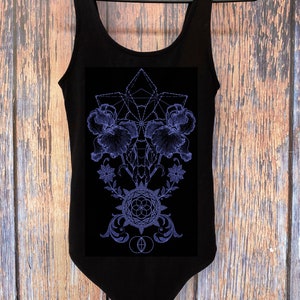 Women's THRIVE Bodysuit Sacred Geometry One Piece Body Suit Geometric Floral Dotwork Leotard Black Suit/Lavender