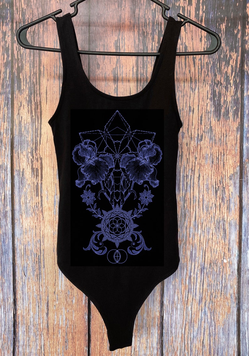 Women's THRIVE Bodysuit Sacred Geometry One Piece Body Suit Geometric Floral Dotwork Leotard Black Suit/Lavender