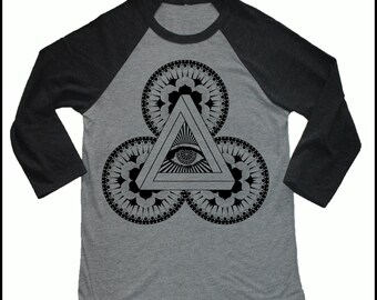 Unisex POWER OF THREE  3/4 Length Sleeve Vintage Style Lotus Mandala Impossible Triangle Baseball T-shirt
