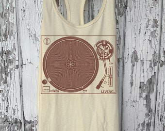 Women's LABYRINTH Shirt Screen Printed Sacred Geometry Seed of Life TURNTABLE Tee MUSIC Tank Top