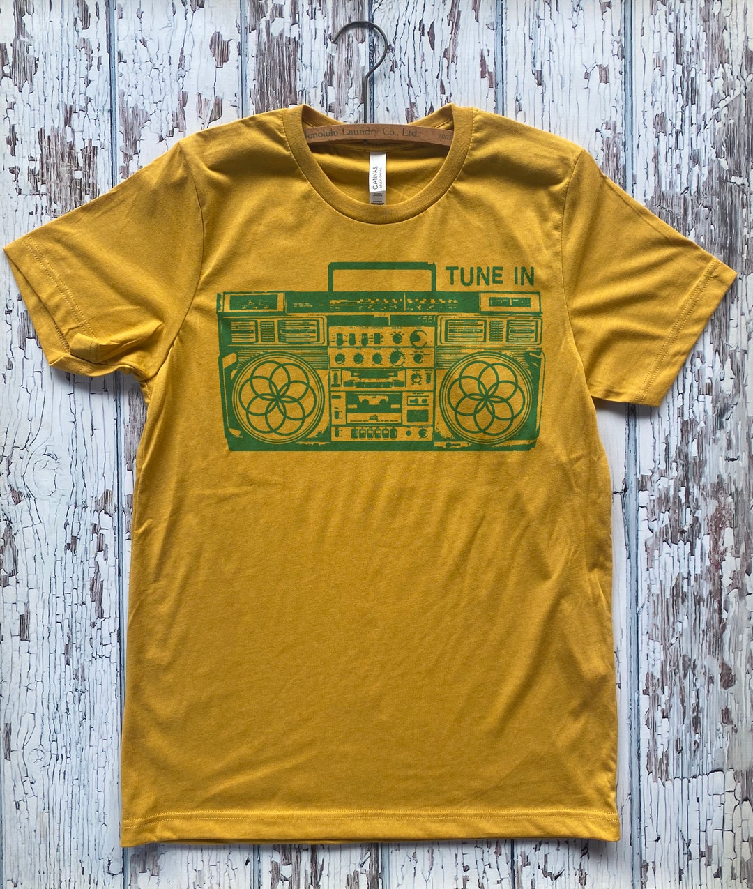 Unisex BOOMBOX Tune in Shirt Screen Print Sacred Geometry Seed of Life