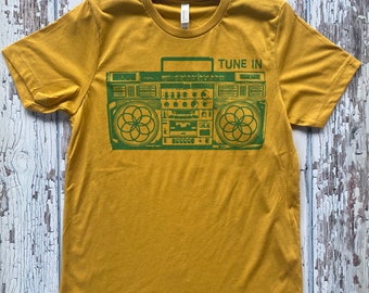 Unisex BOOMBOX Tune In Shirt Screen Print Sacred Geometry Seed of Life Hip Hop Music Clothing Tee