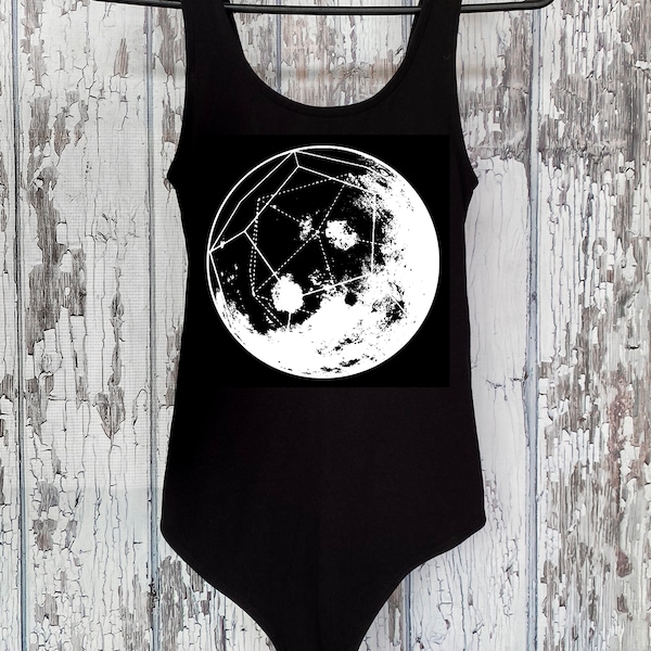 Women's GEOMOON Bodysuit Sacred Geometry One Piece Body Suit Black Moon Phase Leotard