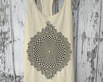 Women's MIRROR MIRROR Mandala Tank Top Black Psychedelic Sacred Geometry Screen Print