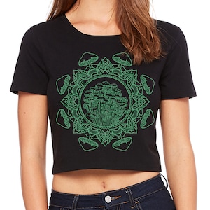 Women's MUSHROOM Mandala Sacred Geometry CROP Tee Tattoo Style Psychedelic Belly Shirt