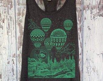 Women's GRAVITATION Hot Air Balloon Tank Top Psychedelic Sacred Geometry Tattoo Style Shirt