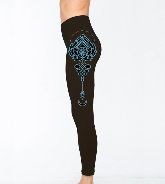 Women's OM TOTEM Black Leggings Sacred Geometry Yoga Clothing Blackwork  Tattoo Style Tights Active Wear 